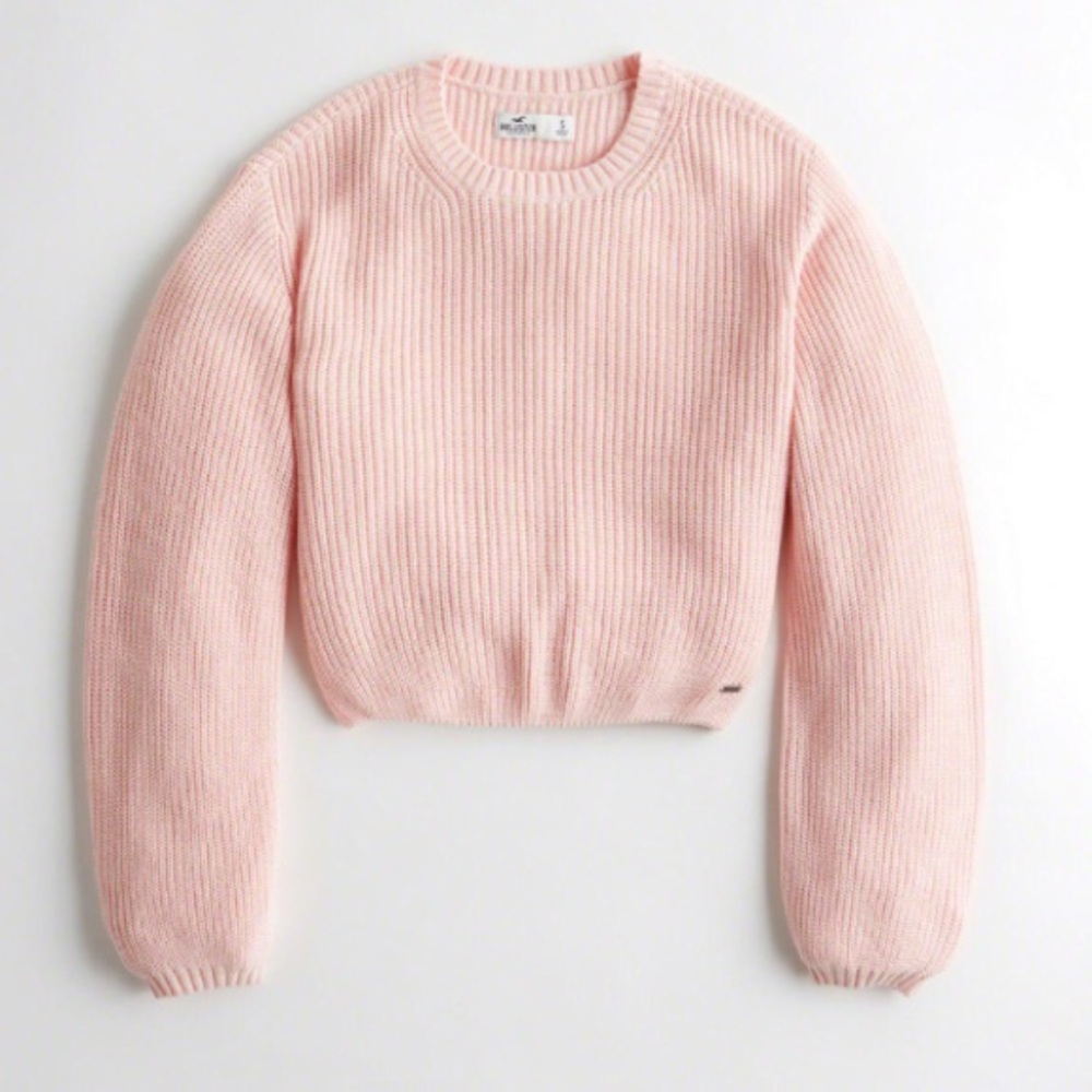 Women's Pink Girls Balloon-sleeve Crop Sweater